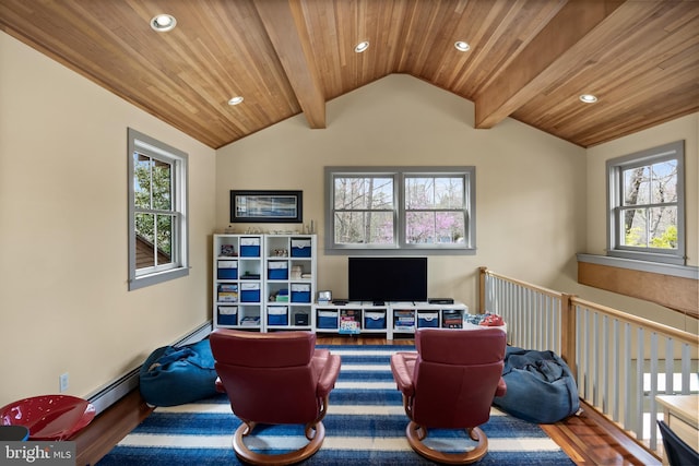 office area featuring wood ceiling, lofted ceiling with beams, recessed lighting, and wood finished floors