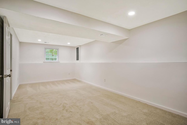 1603 Norwich Dr, Frederick, MD 21701 - below grade area featuring baseboards, light colored carpet, and recessed lighting