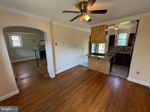 kitchen featuring backsplash, a ceiling fan, dark wood-style flooring, arched walkways, and stainless steel dishwasher