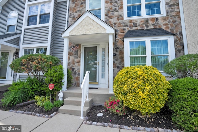 property entrance with stone siding
