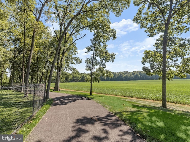 view of home's community with a lawn and fence