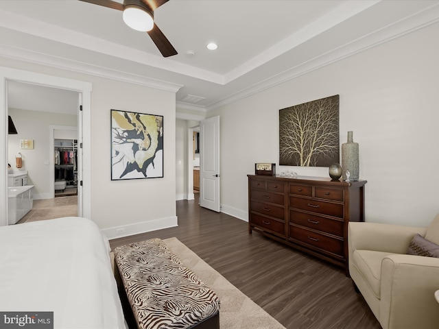 bedroom with baseboards, ornamental molding, ceiling fan, and wood finished floors
