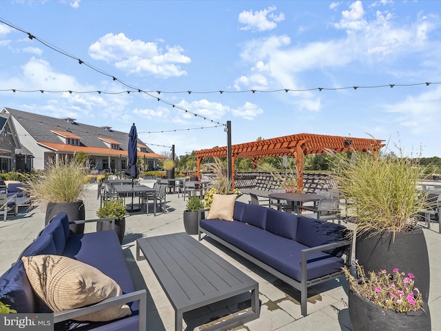 view of patio / terrace with outdoor dining area, outdoor lounge area, and a pergola