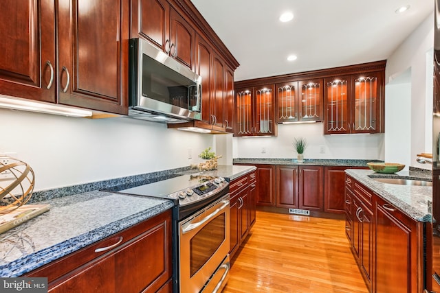 kitchen featuring glass insert cabinets, recessed lighting, a sink, light wood-style flooring, and stainless steel appliances