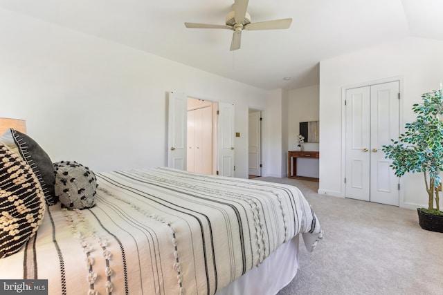 bedroom featuring a ceiling fan, baseboards, carpet, and a closet