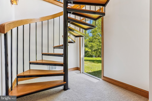 stairs with carpet flooring, baseboards, and a wealth of natural light