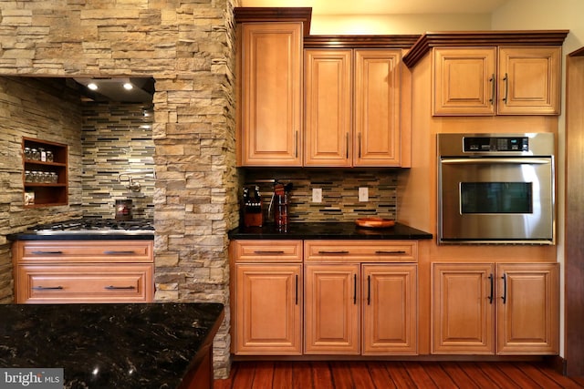 441 Millgate Rd, Bellefonte, PA 16823 - kitchen featuring oven, dark countertops, wood finished floors, and backsplash