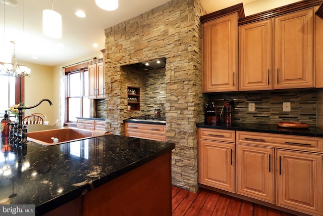 441 Millgate Rd, Bellefonte, PA 16823 - kitchen featuring dark wood finished floors, decorative backsplash, a chandelier, and decorative light fixtures