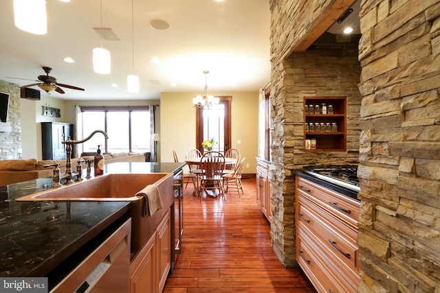 441 Millgate Rd, Bellefonte, PA 16823 - kitchen with dark wood-style flooring, open floor plan, stainless steel appliances, a chandelier, and decorative light fixtures