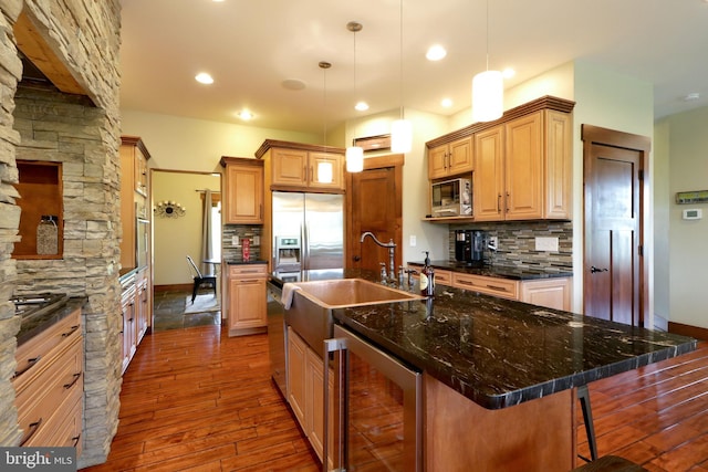 441 Millgate Rd, Bellefonte, PA 16823 - kitchen with wine cooler, stainless steel appliances, a sink, dark wood-type flooring, and decorative backsplash