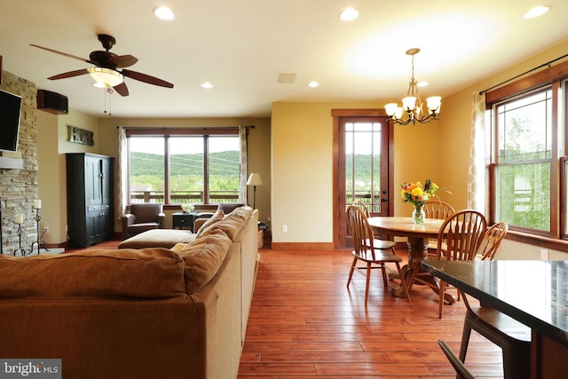441 Millgate Rd, Bellefonte, PA 16823 - dining room with hardwood / wood-style flooring, recessed lighting, baseboards, a chandelier, and a ceiling fan