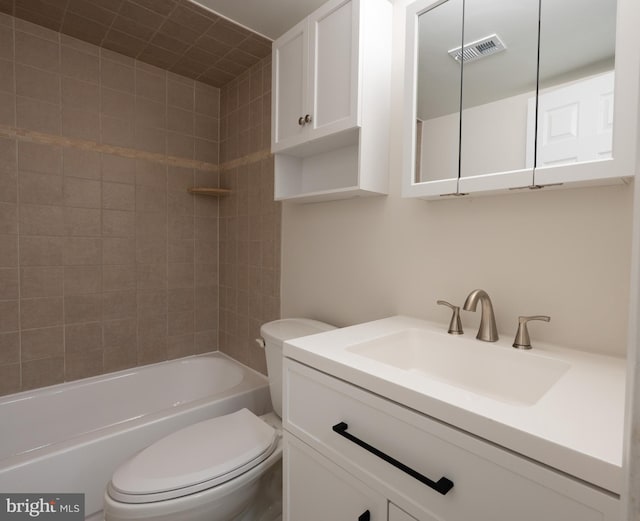 full bath with visible vents, toilet, vanity, and shower / bathing tub combination