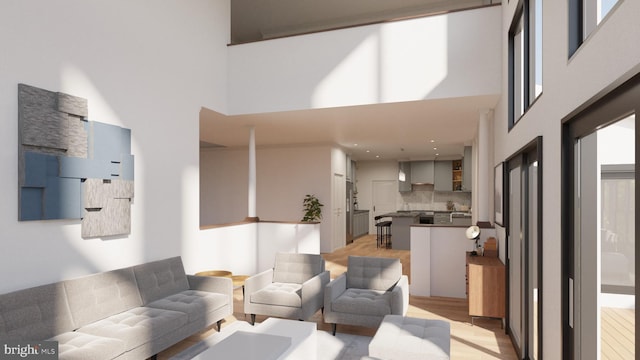living area featuring light wood finished floors and a high ceiling