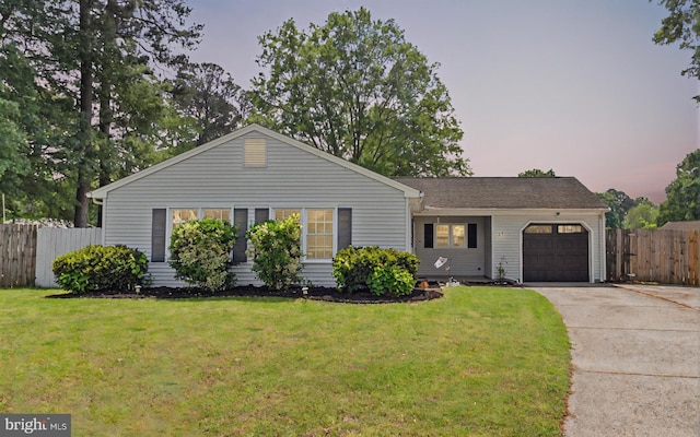 19 Lake Walk Xing, Hampton, VA 23666 - ranch-style house with fence, an attached garage, driveway, and a front lawn