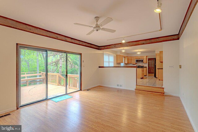 7 Teak Ct, Cherry Hill, NJ 08003 - unfurnished living room with ceiling fan, visible vents, light wood-type flooring, and baseboards