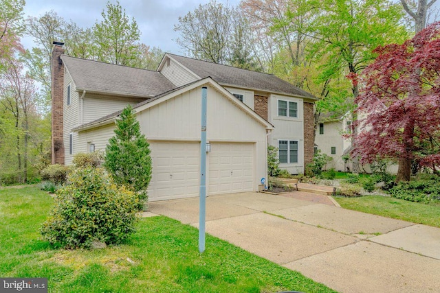 7 Teak Ct, Cherry Hill, NJ 08003 - view of front facade with concrete driveway, board and batten siding, a chimney, a front yard, and a garage