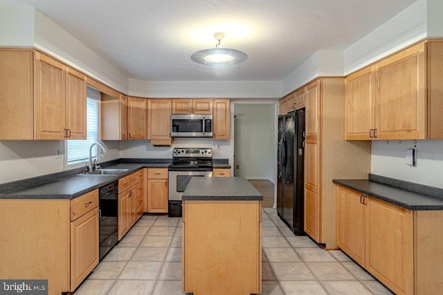 7 Teak Ct, Cherry Hill, NJ 08003 - kitchen featuring a sink, dark countertops, a center island, black appliances, and light brown cabinetry