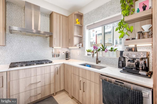 kitchen featuring wall chimney exhaust hood, light brown cabinetry, and open shelves