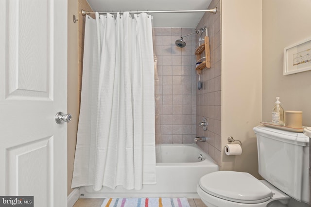 full bath with shower / bathtub combination with curtain and toilet
