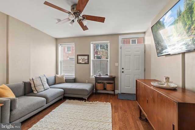 living room with ceiling fan and dark wood-style floors