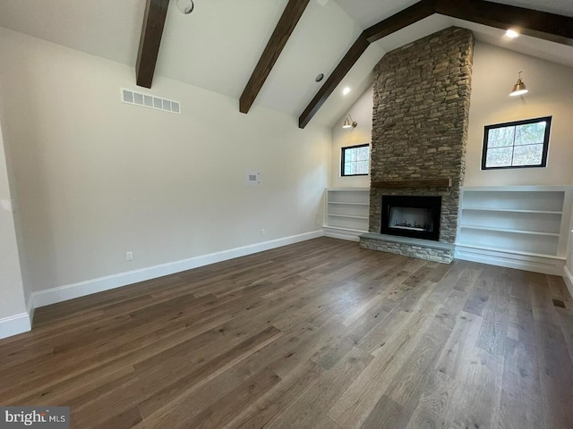 937 Swinehart, Boyertown, PA 19512 - unfurnished living room with beamed ceiling, visible vents, wood finished floors, high vaulted ceiling, and a stone fireplace