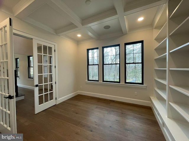 937 Swinehart, Boyertown, PA 19512 - unfurnished room with french doors, coffered ceiling, dark wood finished floors, and baseboards
