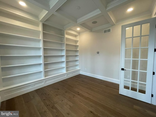 937 Swinehart, Boyertown, PA 19512 - unfurnished room featuring coffered ceiling, dark wood-style floors, beam ceiling, and baseboards