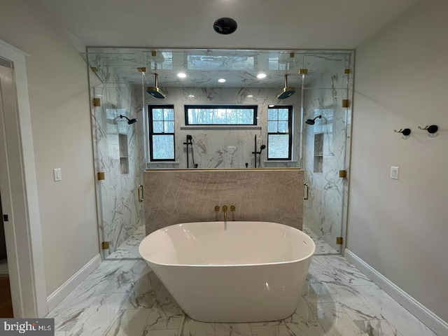 937 Swinehart, Boyertown, PA 19512 - bathroom featuring a freestanding tub, baseboards, marble finish floor, and a marble finish shower
