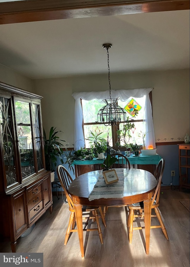 dining area with light wood-style flooring and a notable chandelier