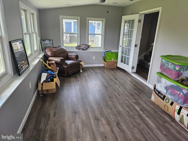 56 Coral Ln, Levittown, PA 19055 - sitting room with wood finished floors, stairs, vaulted ceiling, ceiling fan, and baseboards