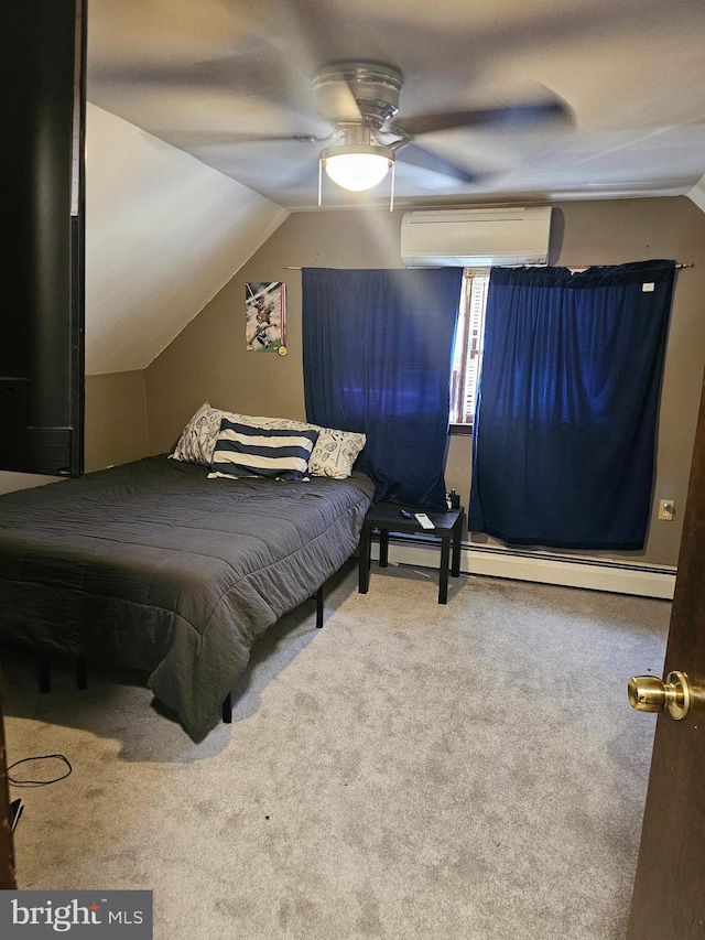 56 Coral Ln, Levittown, PA 19055 - carpeted bedroom featuring a ceiling fan, a baseboard heating unit, a wall unit AC, and vaulted ceiling