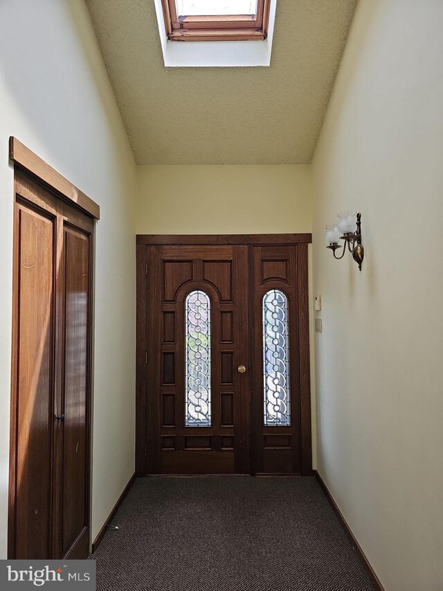 entrance foyer featuring baseboards, a skylight, and carpet