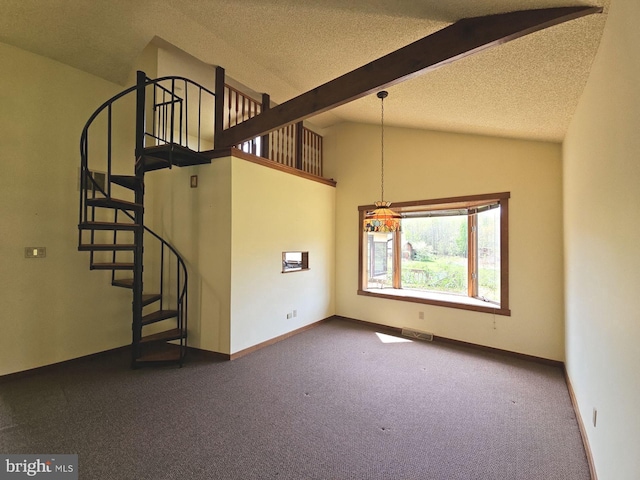 unfurnished living room featuring visible vents, lofted ceiling with beams, stairs, and carpet flooring