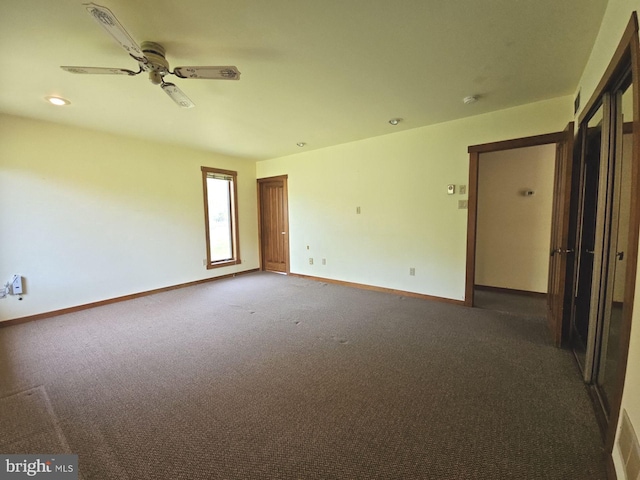 empty room featuring baseboards, recessed lighting, a ceiling fan, and carpet flooring