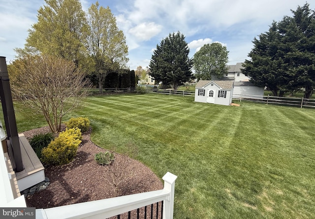 view of yard with an outbuilding and a fenced backyard