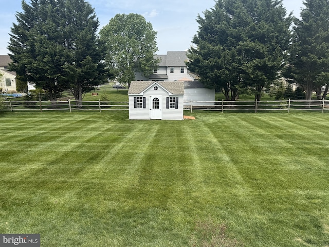view of yard featuring an outdoor structure and a fenced backyard