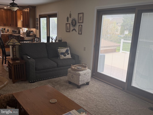 carpeted living room featuring a ceiling fan and a sink