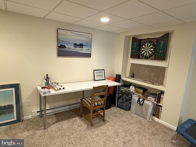 office area featuring carpet, a paneled ceiling, and a baseboard heating unit