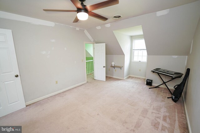 30085 Haymarket Ct, Salisbury, MD 21804 - additional living space with light carpet, a ceiling fan, baseboards, and vaulted ceiling