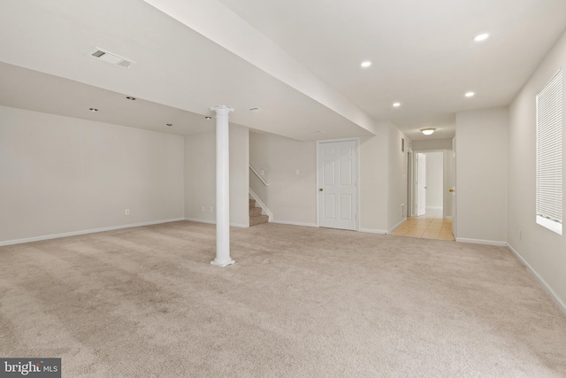 finished basement with recessed lighting, stairs, visible vents, light carpet, and baseboards