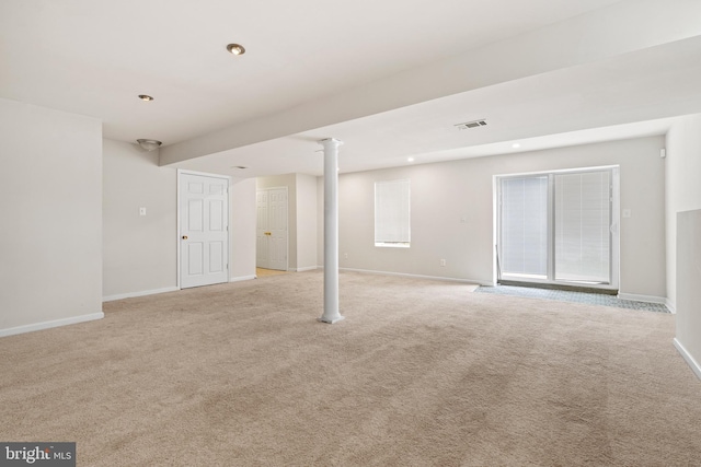 basement with recessed lighting, visible vents, light colored carpet, and baseboards