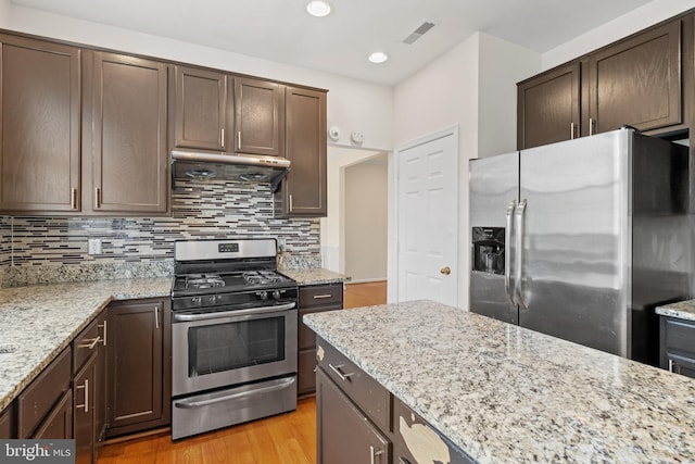 kitchen with dark brown cabinets, appliances with stainless steel finishes, under cabinet range hood, and tasteful backsplash