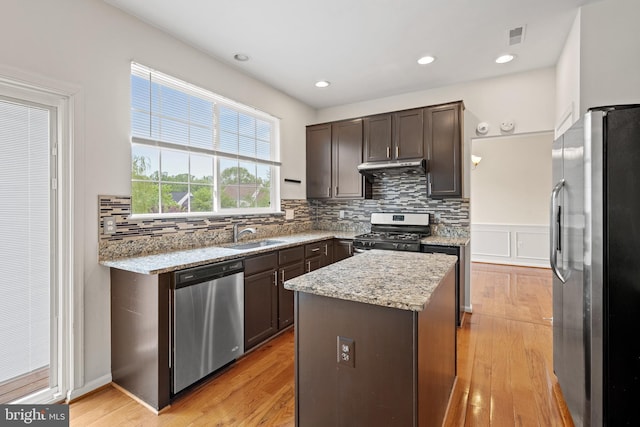kitchen featuring a sink, under cabinet range hood, stainless steel appliances, tasteful backsplash, and dark brown cabinets
