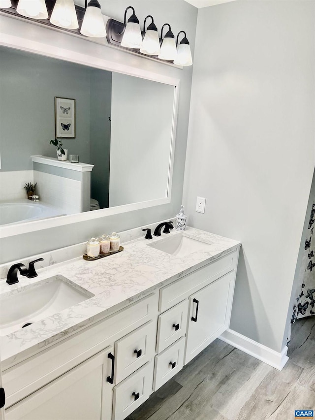 full bathroom with double vanity, wood finished floors, and a sink