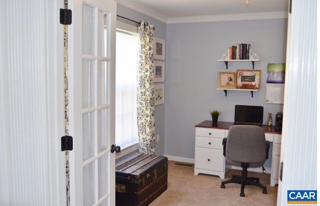 office area with light colored carpet, french doors, crown molding, and baseboards