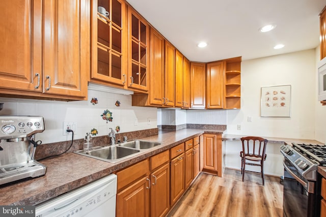 351 Gatewater Ct Unit C, Glen Burnie, MD 21060 - kitchen with white appliances, a sink, light wood-style floors, open shelves, and brown cabinetry
