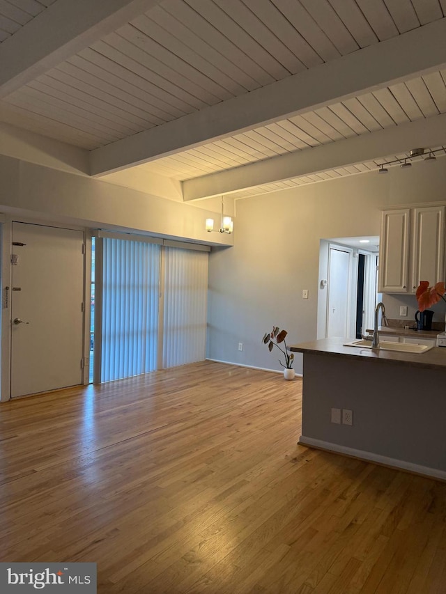 unfurnished living room featuring a sink, wooden ceiling, beam ceiling, and light wood-style floors