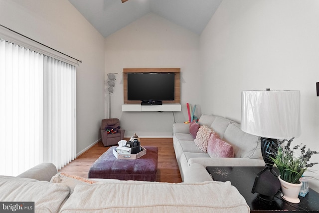 8101 Greenspring Way Unit 8101-E, Owings Mills, MD 21117 - living room featuring lofted ceiling, wood finished floors, a ceiling fan, and baseboards