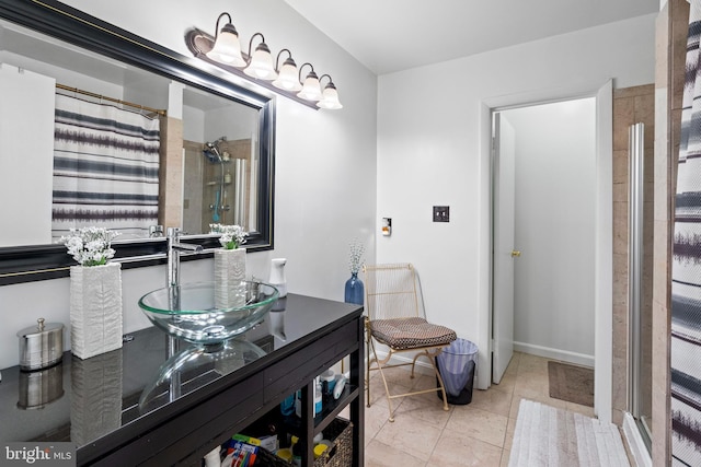 8101 Greenspring Way Unit 8101-E, Owings Mills, MD 21117 - full bath featuring a shower with curtain, tile patterned flooring, and vanity