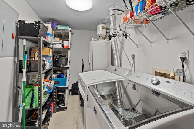 8101 Greenspring Way Unit 8101-E, Owings Mills, MD 21117 - clothes washing area featuring water heater, laundry area, and washing machine and dryer